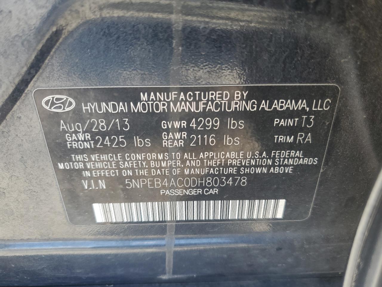 2013 Hyundai Sonata Gls VIN: 5NPEB4AC0DH803478 Lot: 83780145