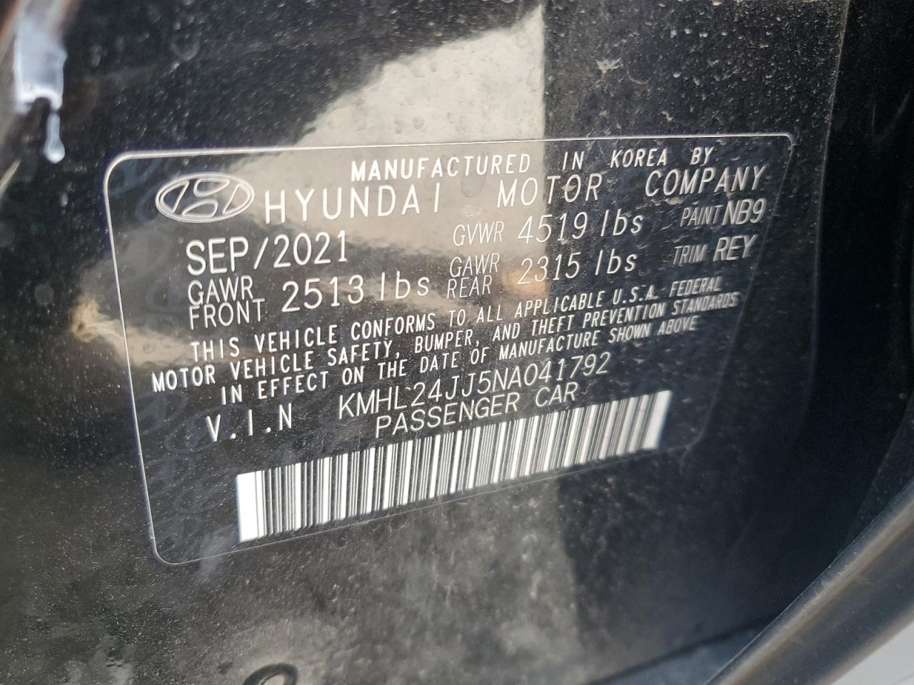 2022 Hyundai Sonata Hybrid VIN: KMHL24JJ5NA041792 Lot: 84934545