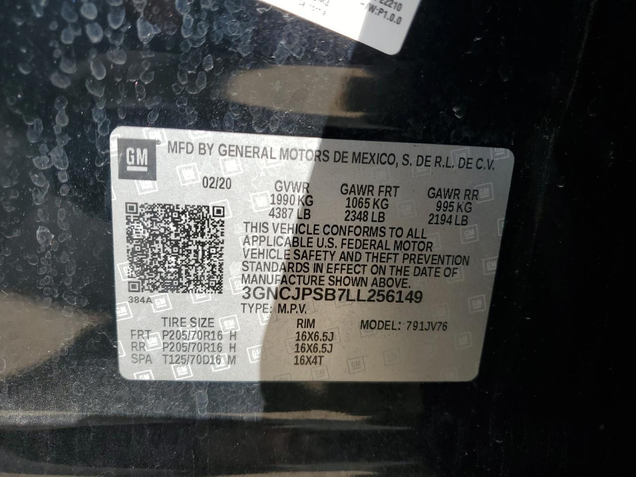 2020 Chevrolet Trax 1Lt VIN: 3GNCJPSB7LL256149 Lot: 82210075