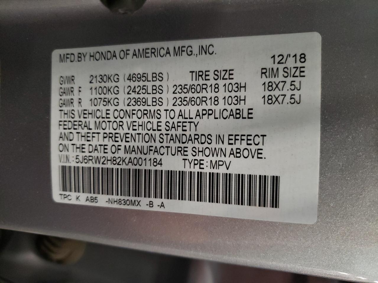 2019 Honda Cr-V Exl VIN: 5J6RW2H82KA001184 Lot: 82266215