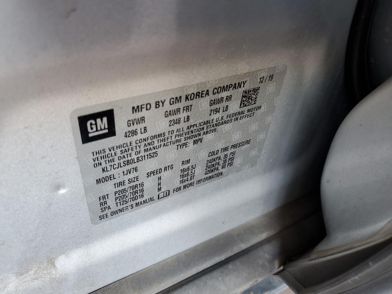 2020 Chevrolet Trax 1Lt VIN: KL7CJLSB0LB311525 Lot: 84387735