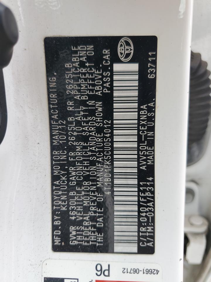 2012 Toyota Camry Hybrid VIN: 4T1BD1FK5CU054012 Lot: 85195425