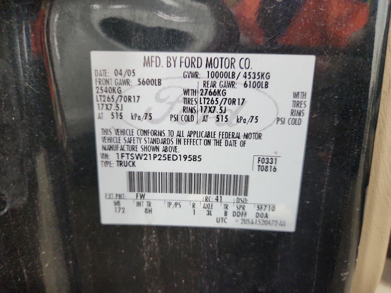 2005 Ford F250 Super Duty VIN: 1FTSW21P25ED19585 Lot: 84910365