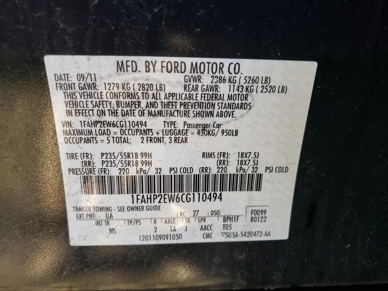 2012 Ford Taurus Sel VIN: 1FAHP2EW6CG110494 Lot: 86520715