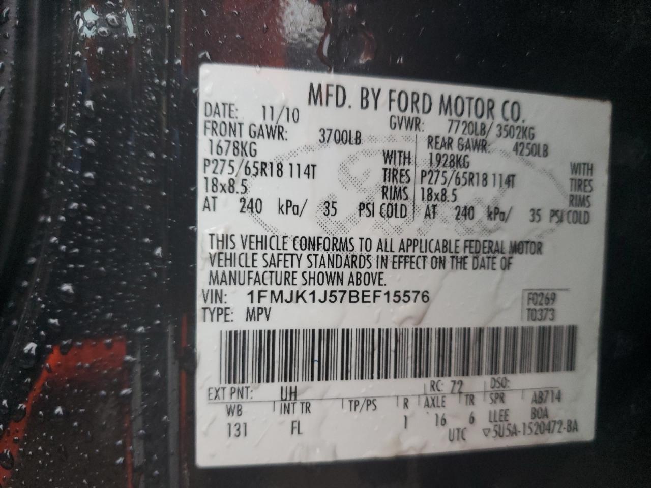 2011 Ford Expedition El Xlt VIN: 1FMJK1J57BEF15576 Lot: 90606795