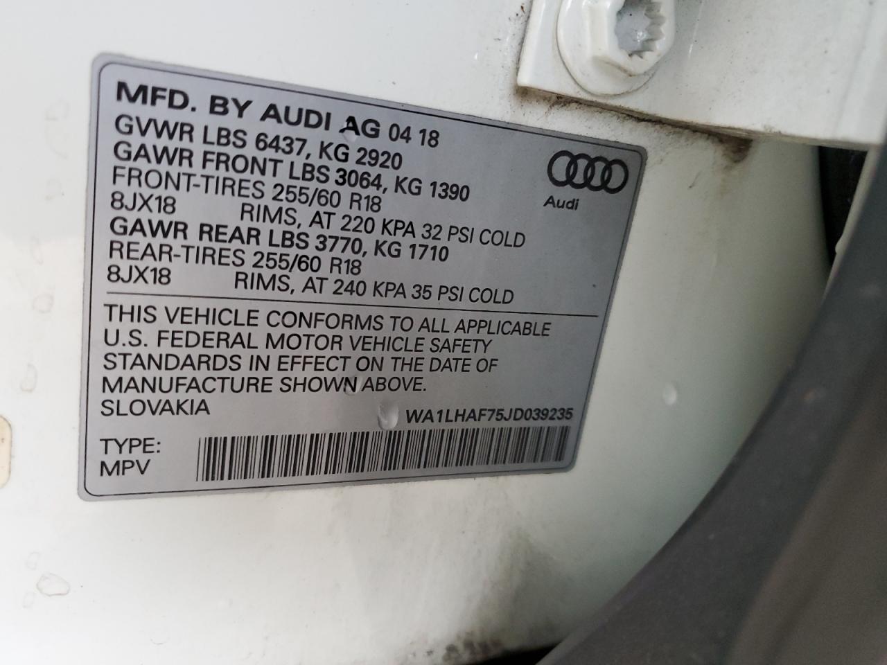 2018 Audi Q7 Premium Plus VIN: WA1LHAF75JD039235 Lot: 87061455