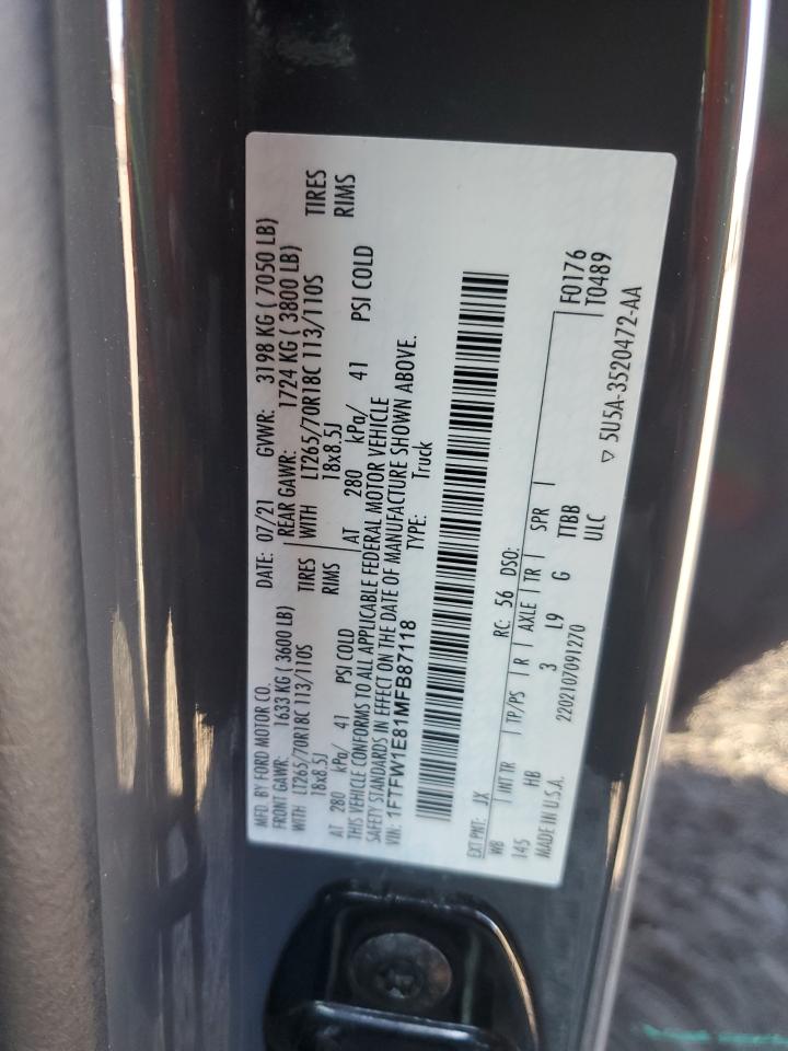 2021 Ford F150 Supercrew VIN: 1FTFW1E81MFB87118 Lot: 82334285