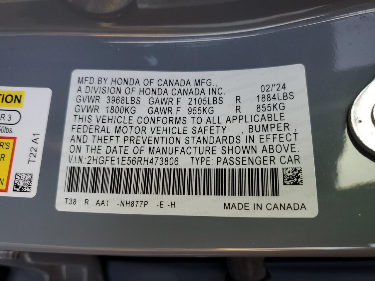 2024 Honda Civic Si VIN: 2HGFE1E56RH473806 Lot: 81976625