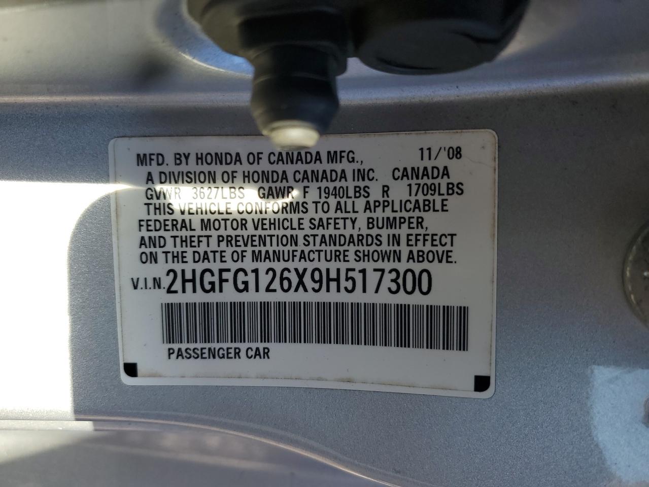 2009 Honda Civic Lx VIN: 2HGFG126X9H517300 Lot: 86104705