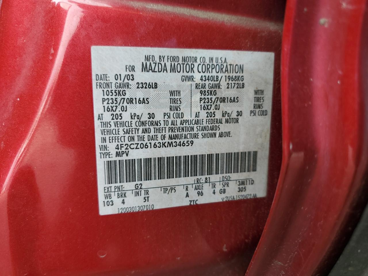 2003 Mazda Tribute Es VIN: 4F2CZ06163KM34659 Lot: 90058545