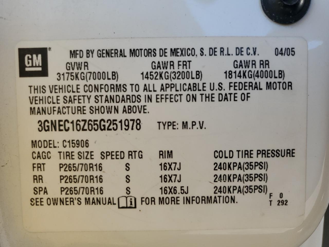 2005 Chevrolet Suburban C1500 VIN: 3GNEC16Z65G251978 Lot: 89928355