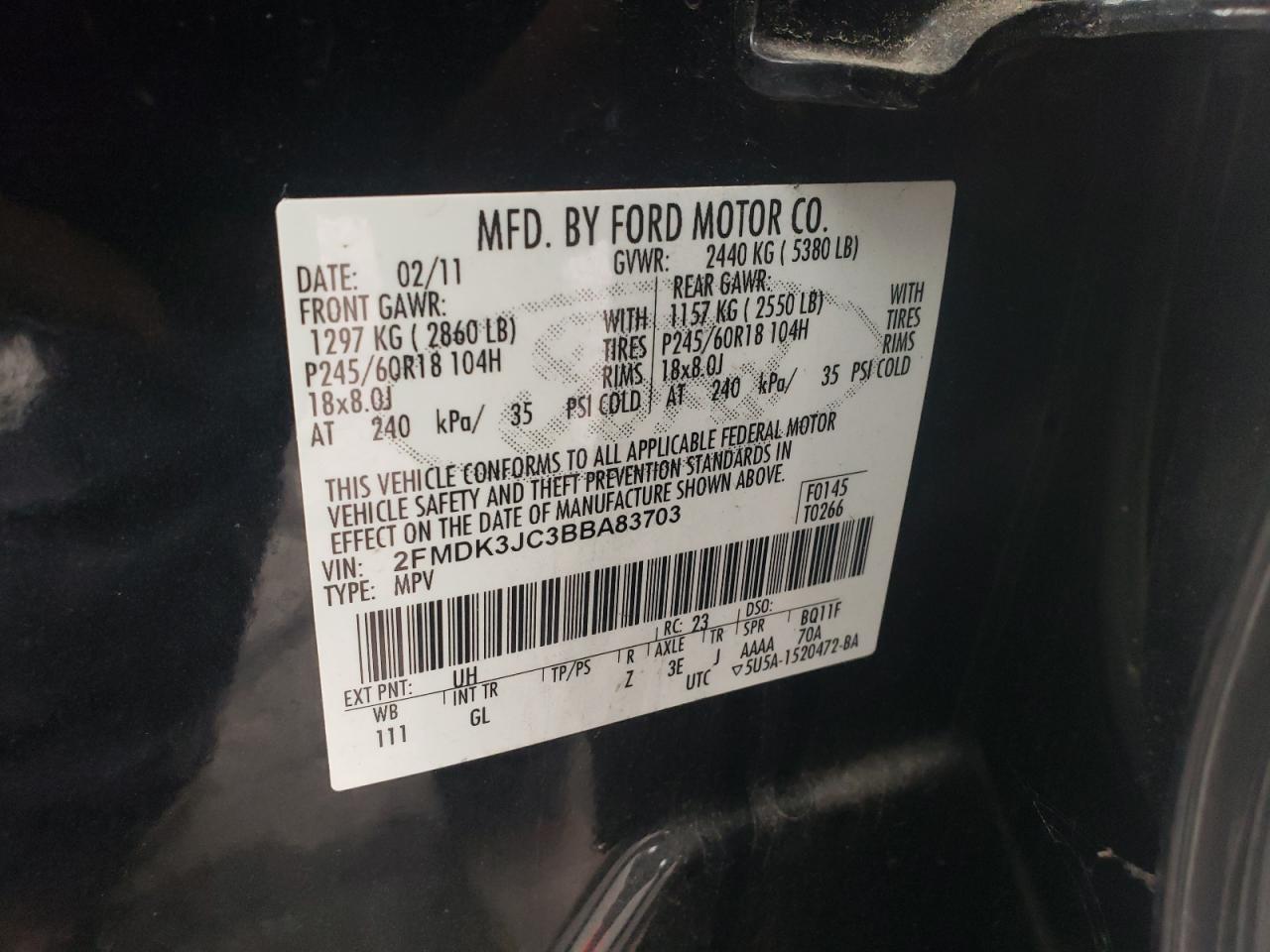 2011 Ford Edge Sel VIN: 2FMDK3JC3BBA83703 Lot: 90549285