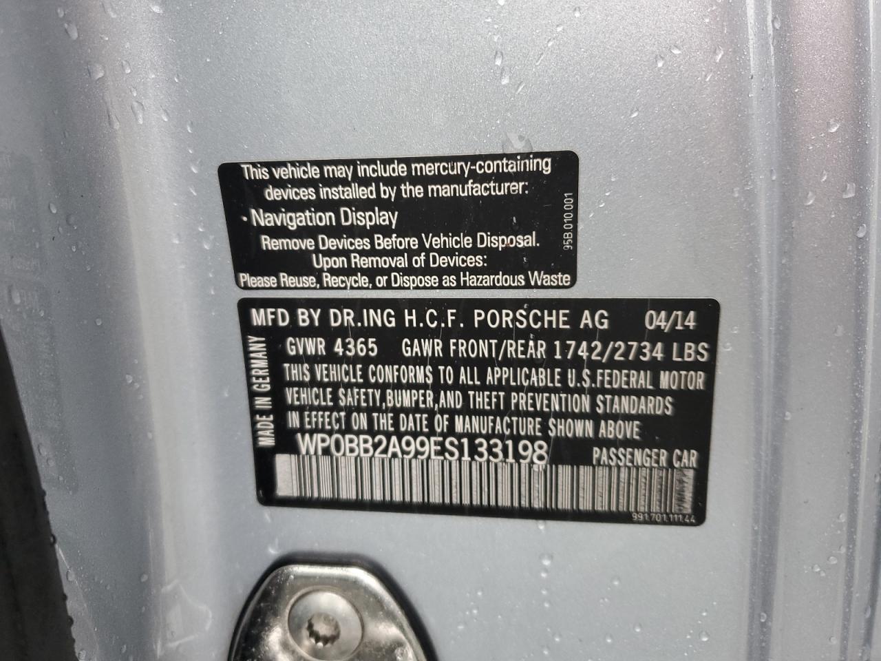 2014 Porsche 911 Targa S VIN: WP0BB2A99ES133198 Lot: 90493215