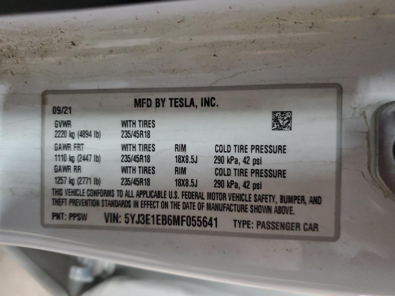 2021 Tesla Model 3 VIN: 5YJ3E1EB6MF055641 Lot: 90467475