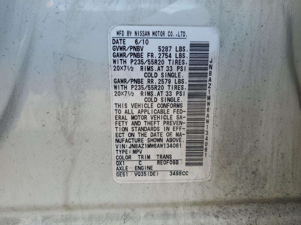 2010 Nissan Murano S VIN: JN8AZ1MW6AW134061 Lot: 84433795