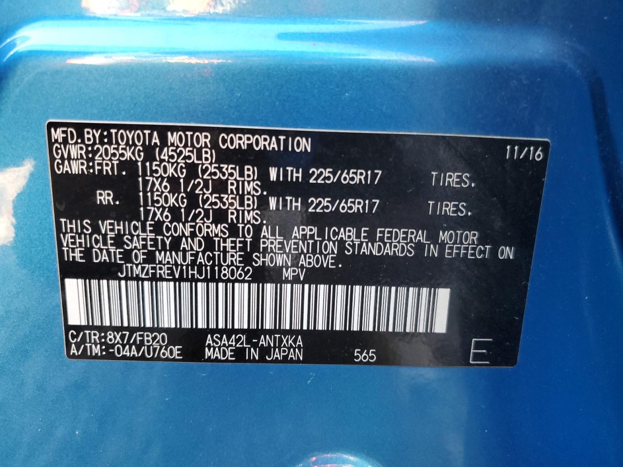 2017 Toyota Rav4 Le VIN: JTMZFREV1HJ118062 Lot: 89542575