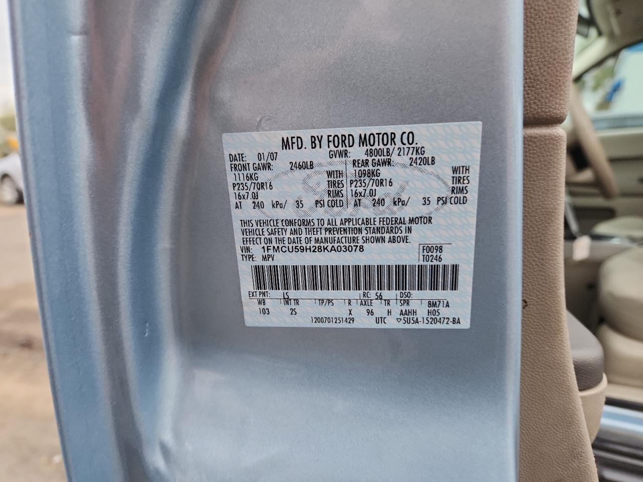 2008 Ford Escape Hev VIN: 1FMCU59H28KA03078 Lot: 86248005