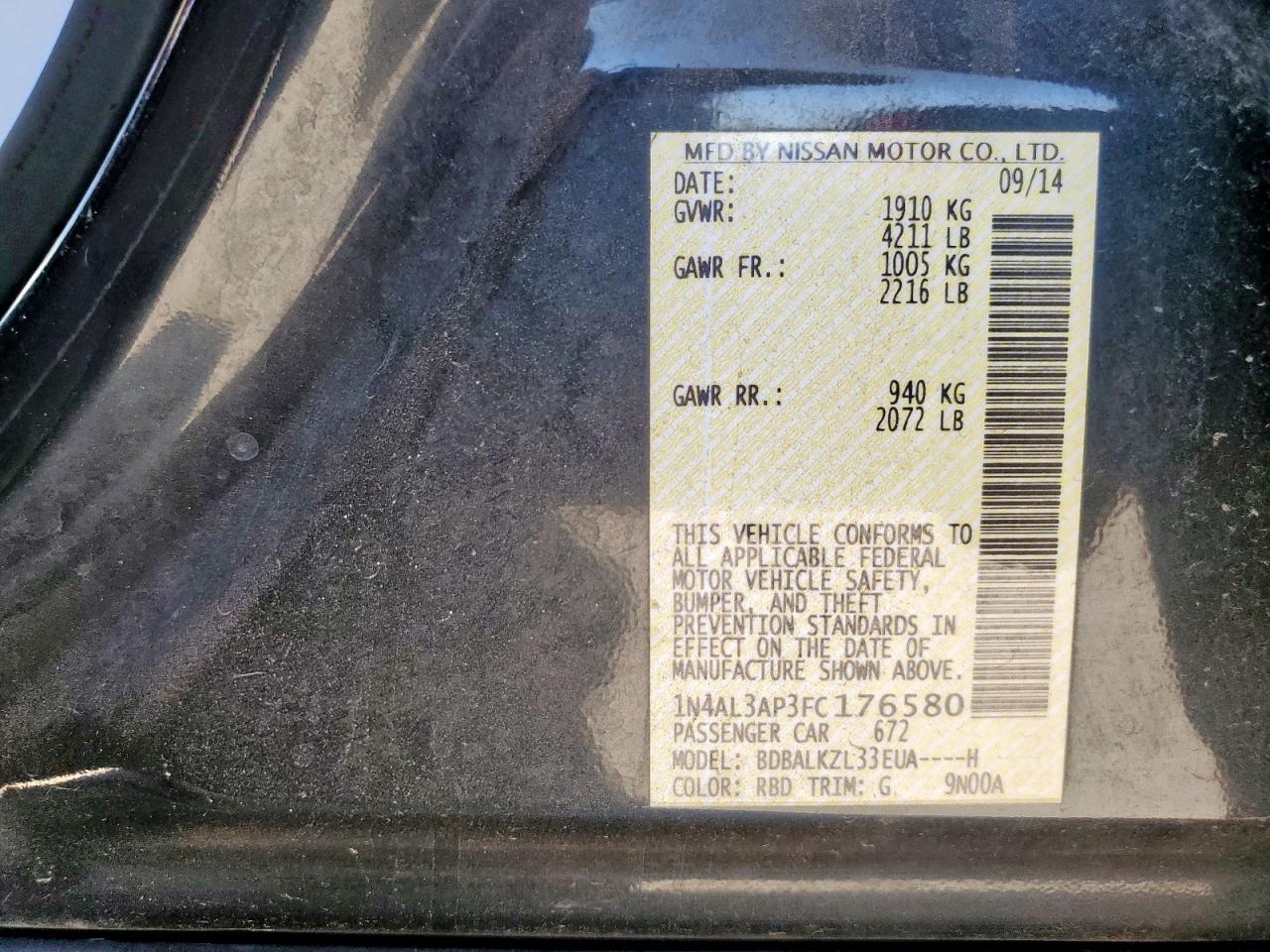 2015 Nissan Altima 2.5 VIN: 1N4AL3AP3FC176580 Lot: 85731225