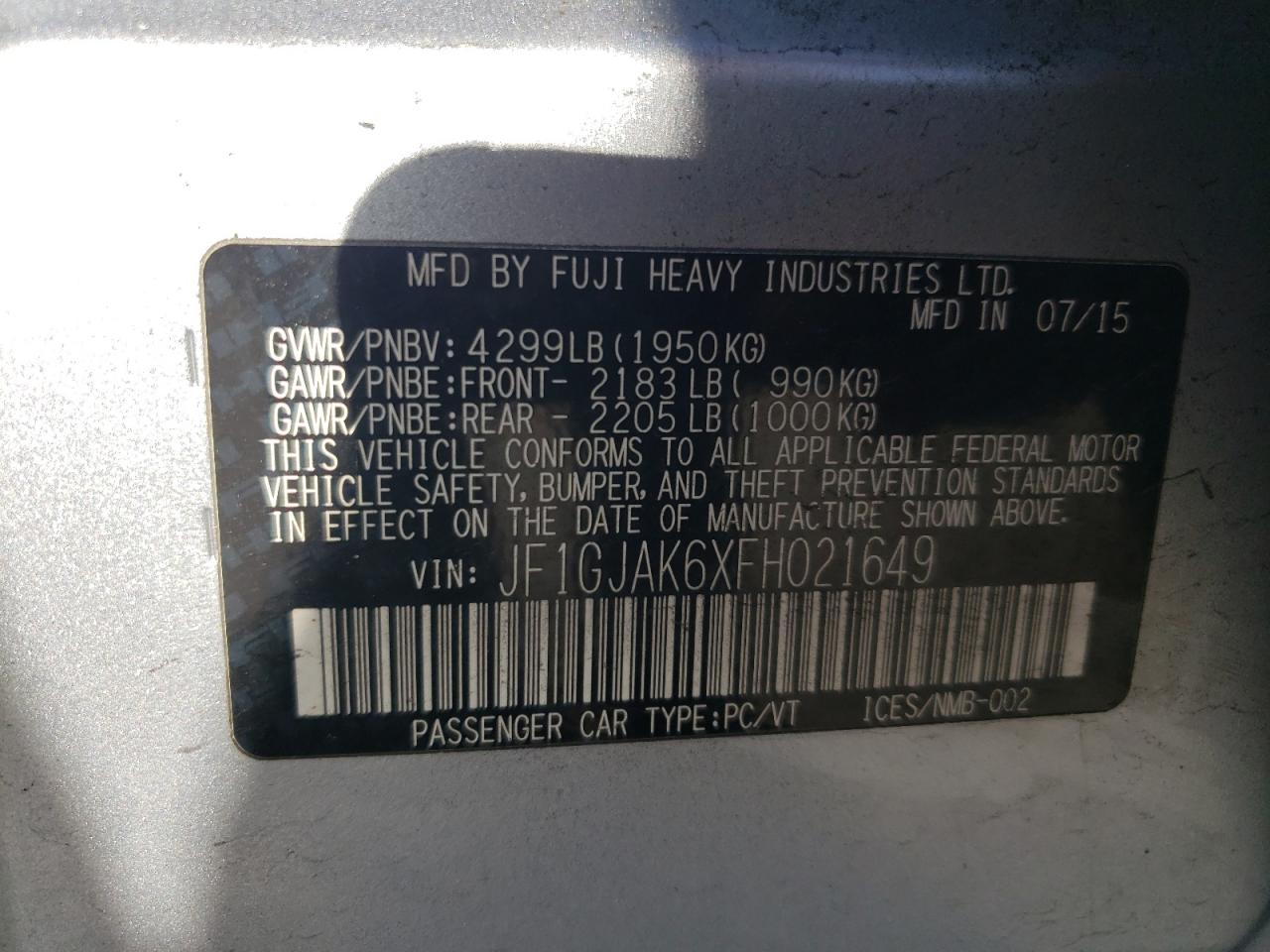 2015 Subaru Impreza Premium Plus VIN: JF1GJAK6XFH021649 Lot: 85494385