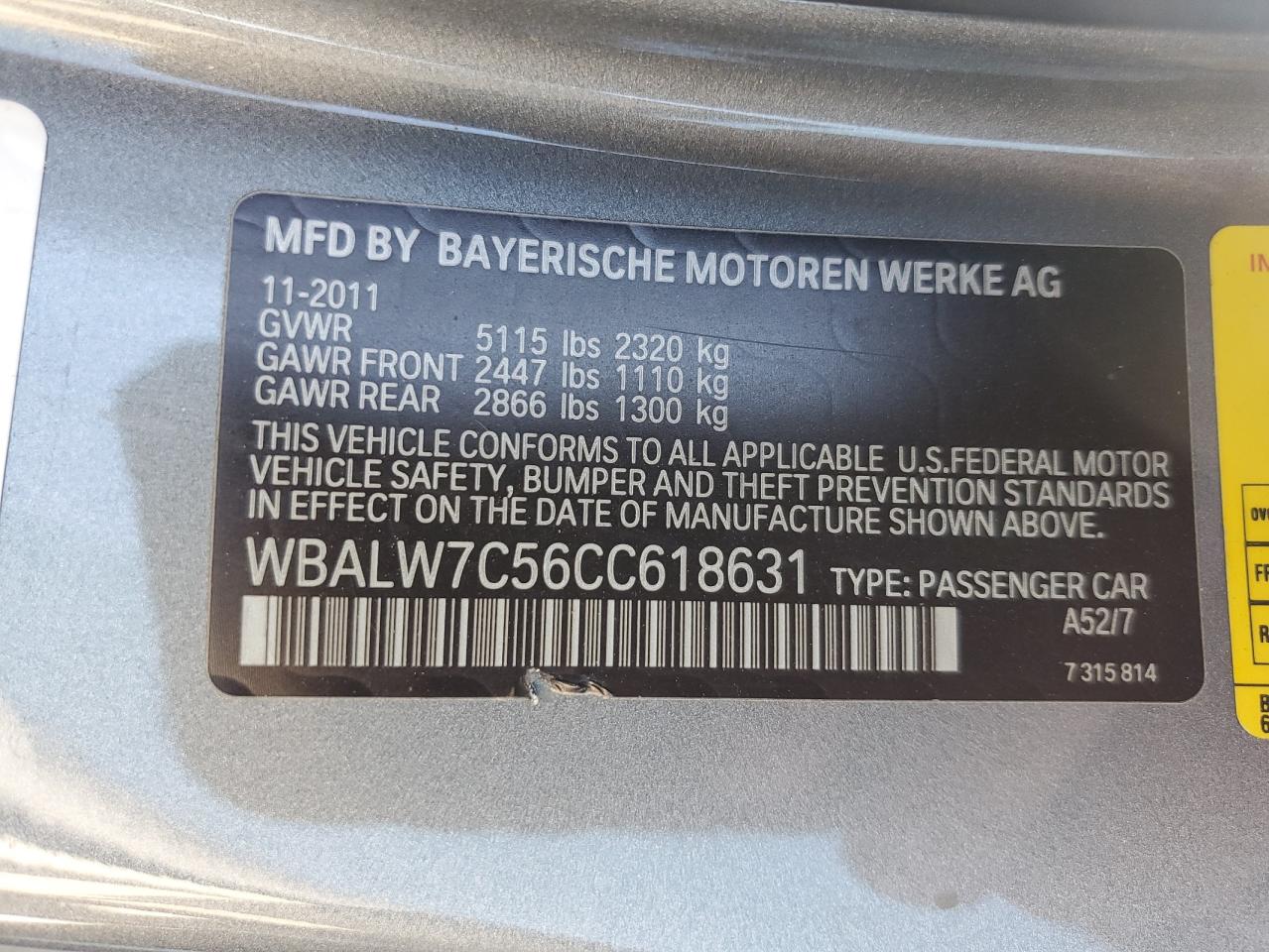 2012 BMW 640 I VIN: WBALW7C56CC618631 Lot: 89528975