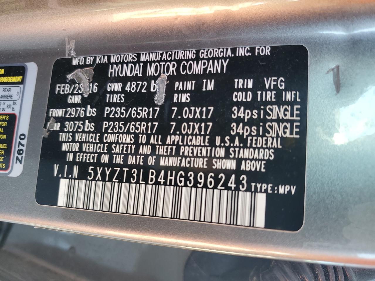 2017 Hyundai Santa Fe Sport VIN: 5XYZT3LB4HG396243 Lot: 82357115
