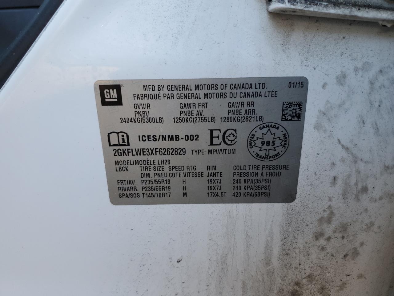 2015 GMC Terrain Sle VIN: 2GKFLWE3XF6262829 Lot: 85163085