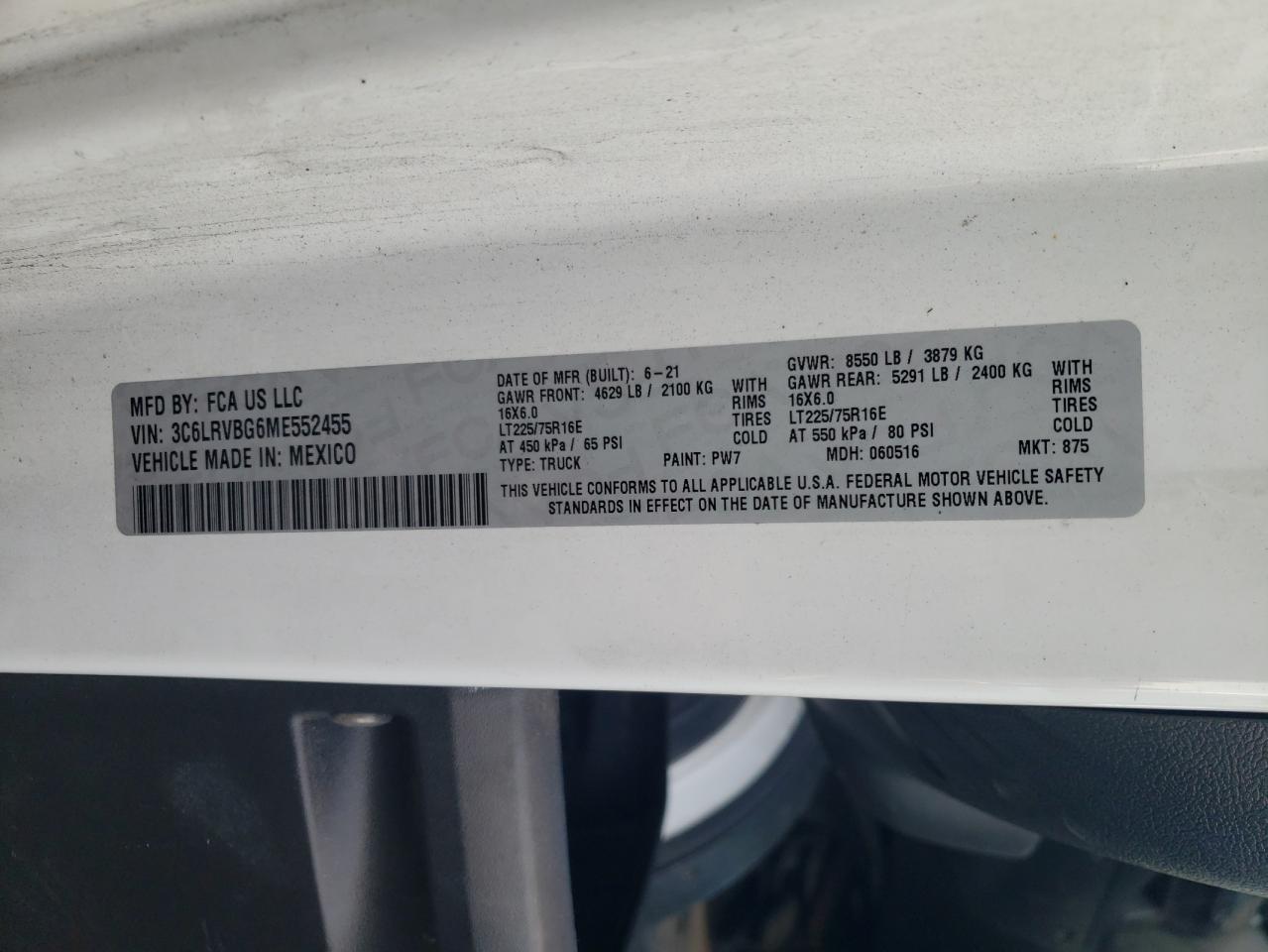 2021 Ram Promaster 1500 1500 High VIN: 3C6LRVBG6ME552455 Lot: 93790755