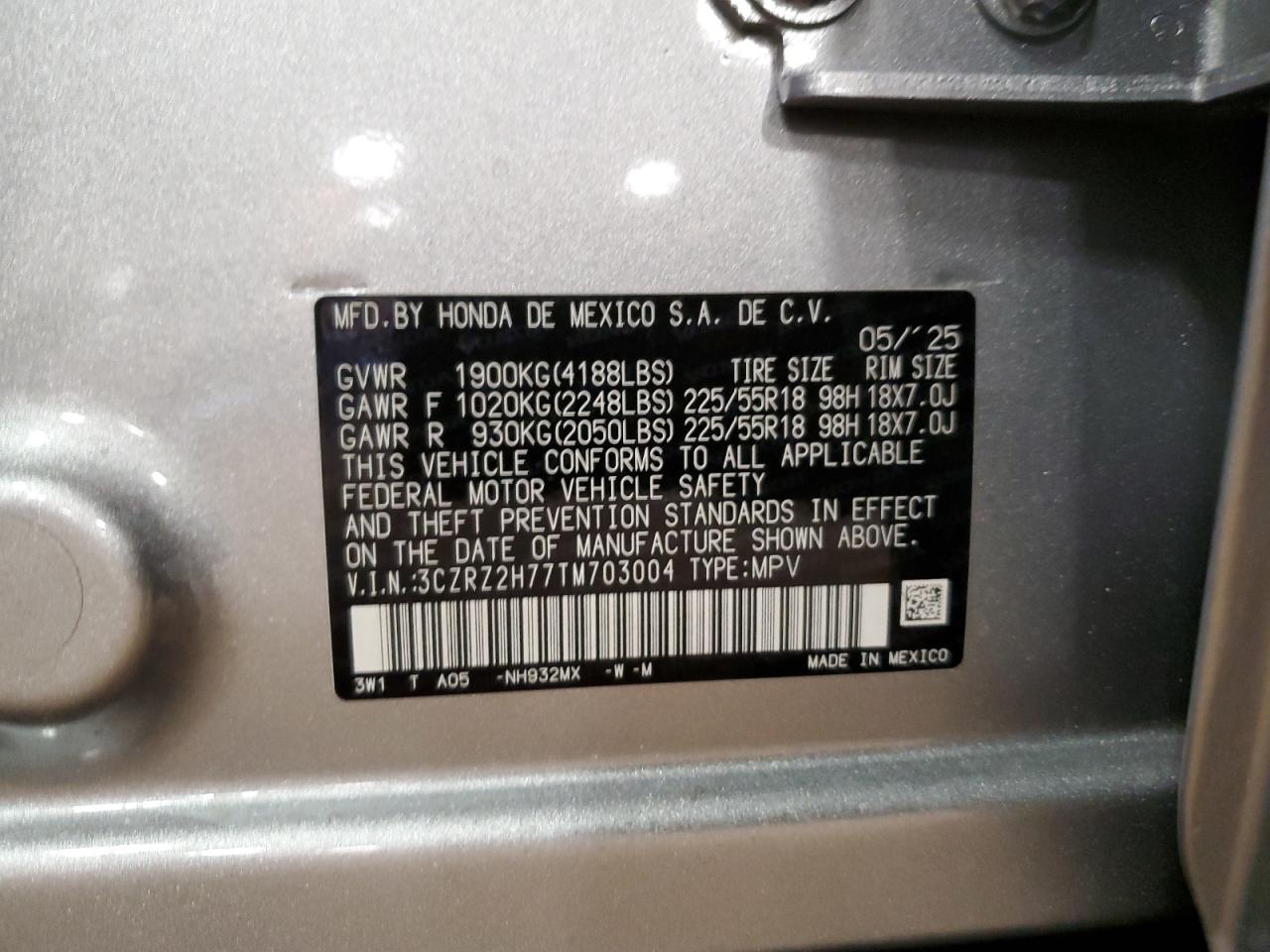 2026 Honda Hr-V Exl VIN: 3CZRZ2H77TM703004 Lot: 85884205
