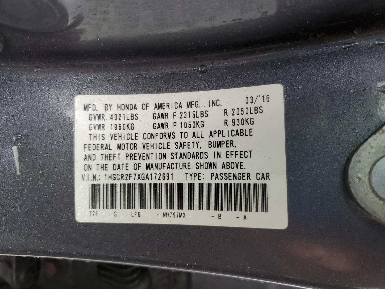 2016 Honda Accord Ex VIN: 1HGCR2F7XGA172691 Lot: 82431145