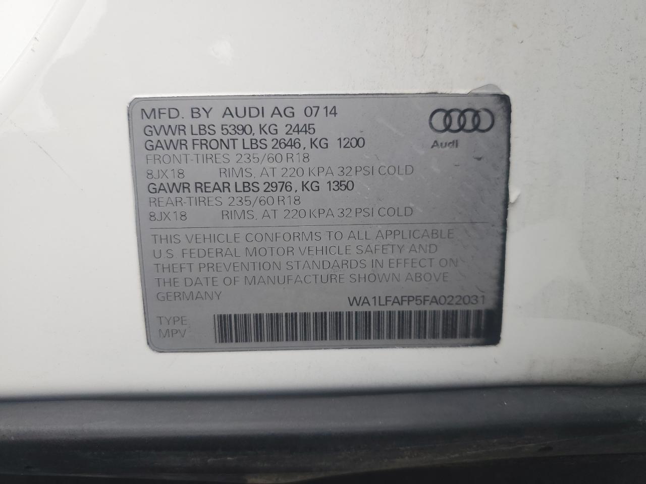 2015 Audi Q5 Premium Plus VIN: WA1LFAFP5FA022031 Lot: 82470225