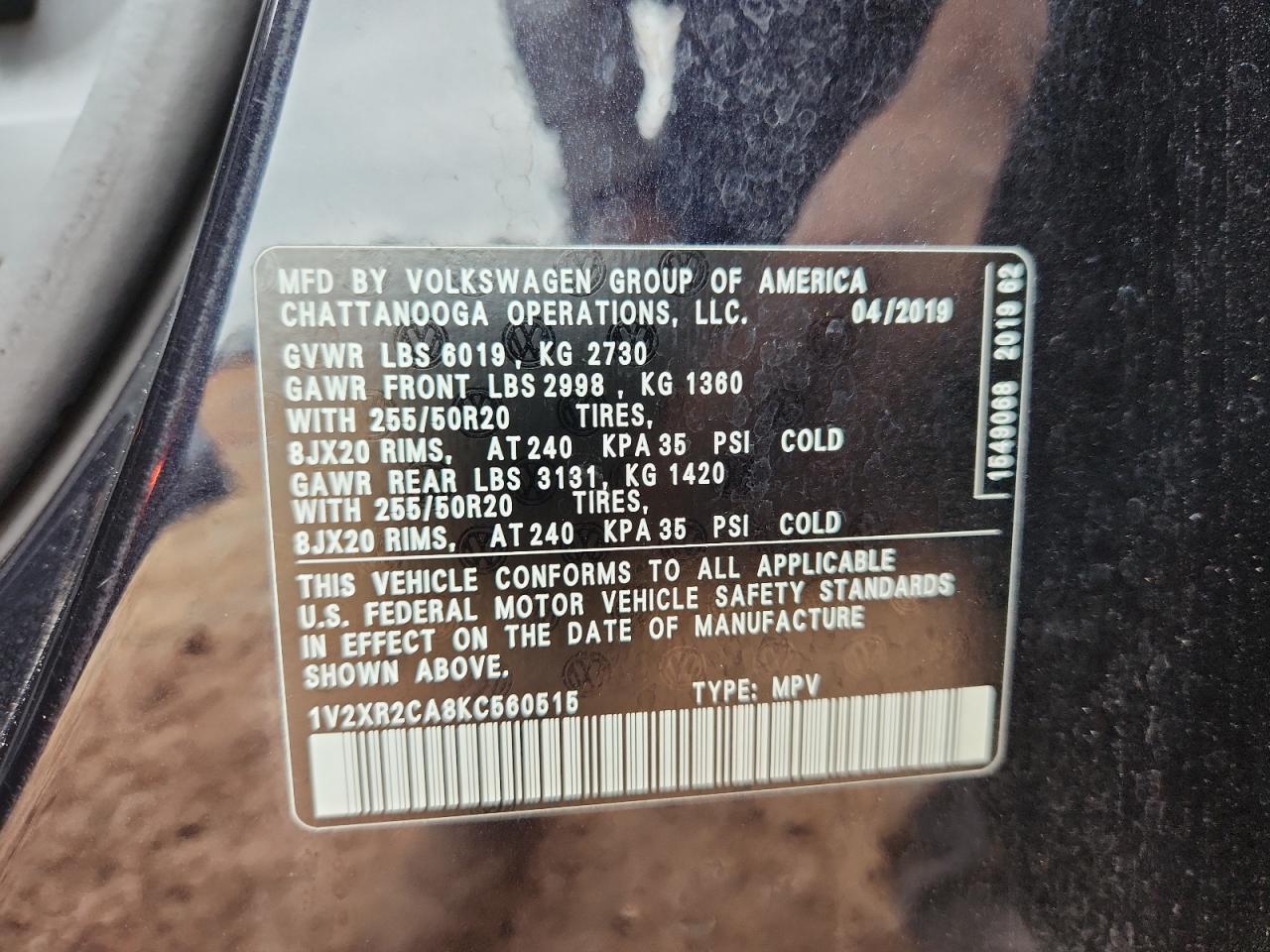 2019 Volkswagen Atlas Se VIN: 1V2XR2CA8KC560515 Lot: 84467795