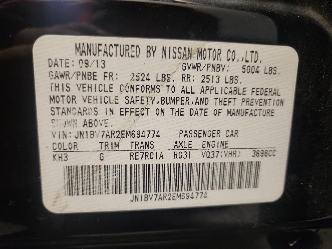 2014 Infiniti Q50 Base VIN: JN1BV7AR2EM694774 Lot: 82651455
