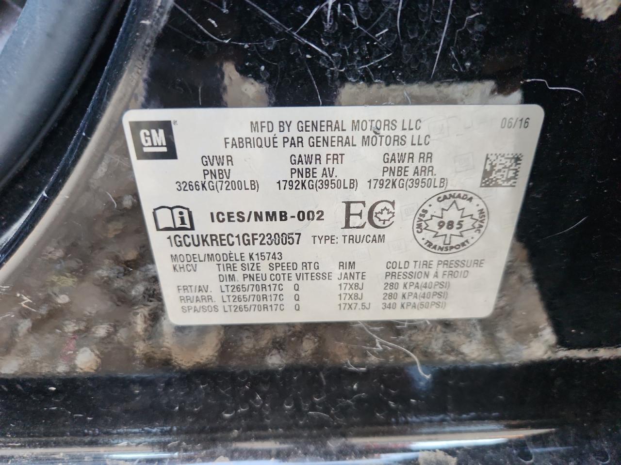 2016 Chevrolet Silverado K1500 Lt VIN: 1GCUKREC1GF230057 Lot: 85781695