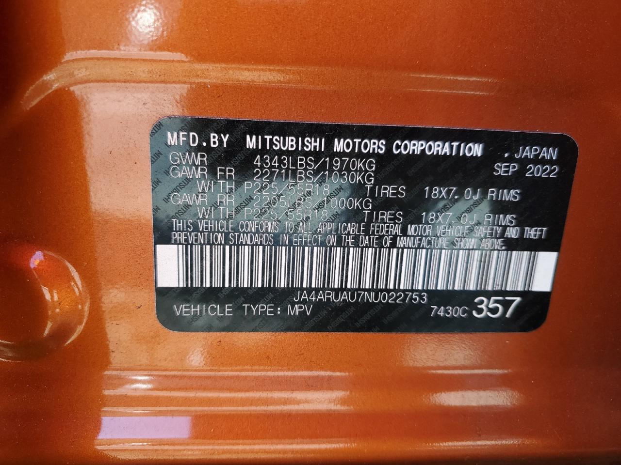 2022 Mitsubishi Outlander Sport Es VIN: JA4ARUAU7NU022753 Lot: 82282685