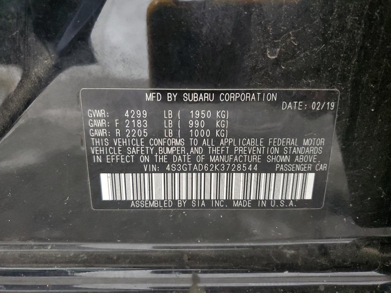 2019 Subaru Impreza Premium VIN: 4S3GTAD62K3728544 Lot: 89713765