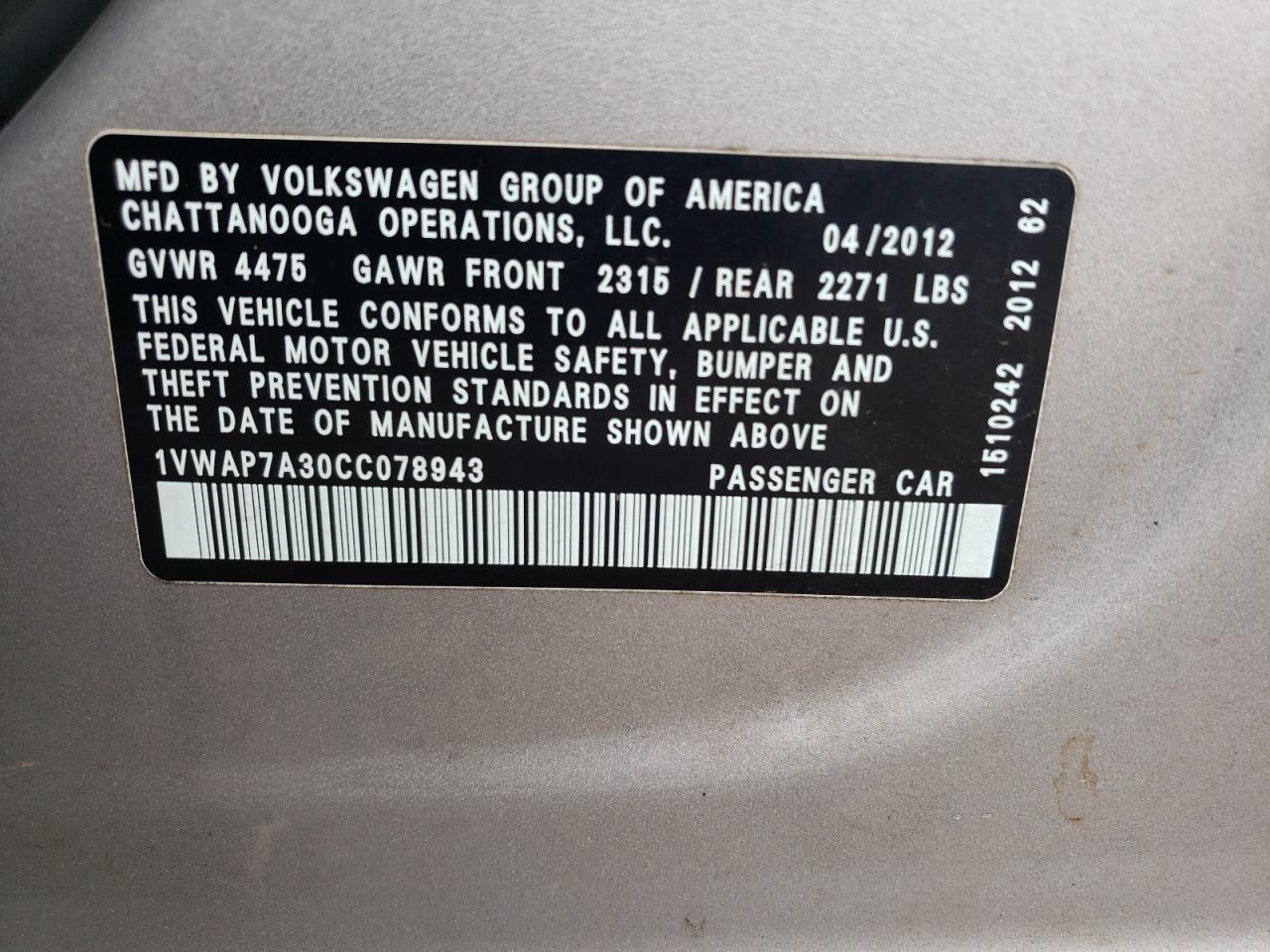 2012 Volkswagen Passat S VIN: 1VWAP7A30CC078943 Lot: 84835935