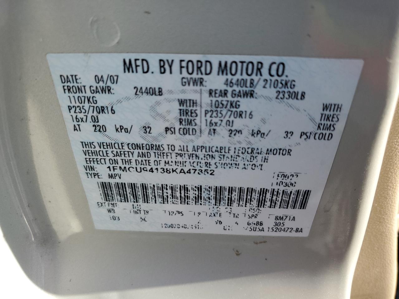 2008 Ford Escape Limited VIN: 1FMCU94138KA47852 Lot: 85266155