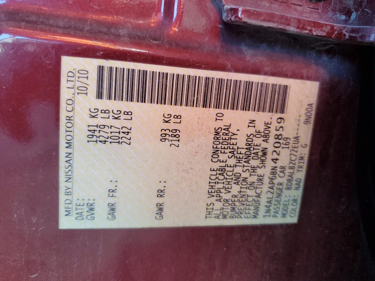 2011 Nissan Altima Base VIN: 1N4AL2AP6BN420859 Lot: 85701535