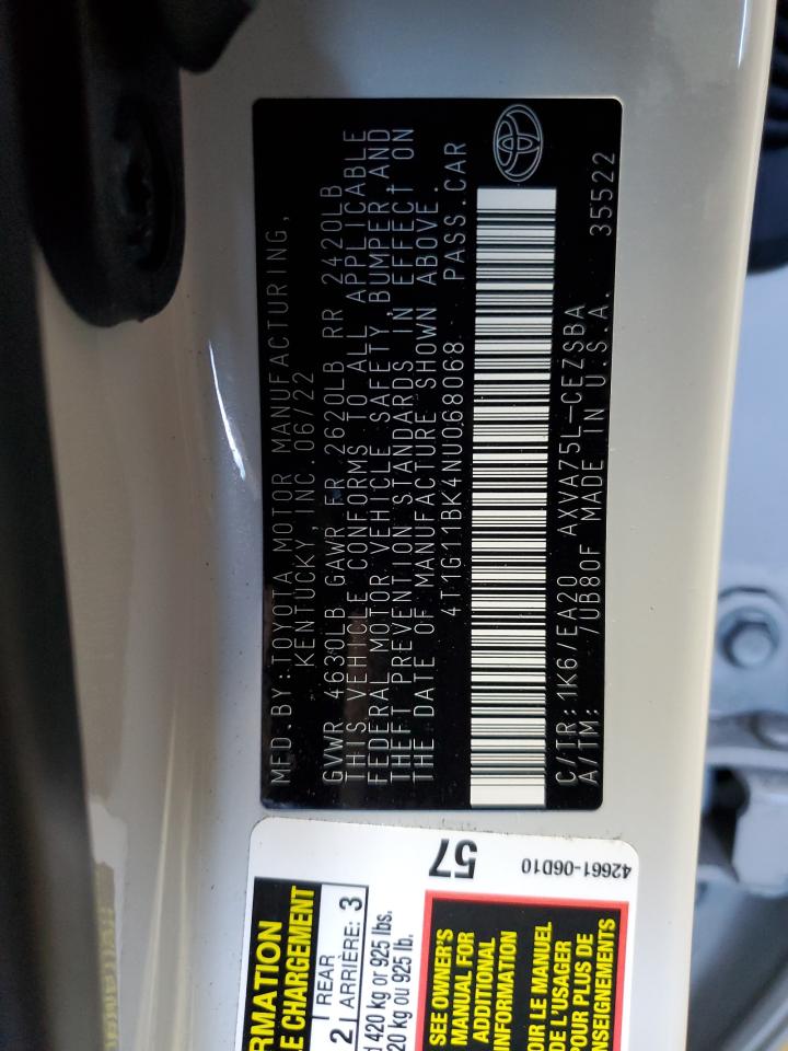 2022 Toyota Camry Se VIN: 4T1G11BK4NU068068 Lot: 84855465