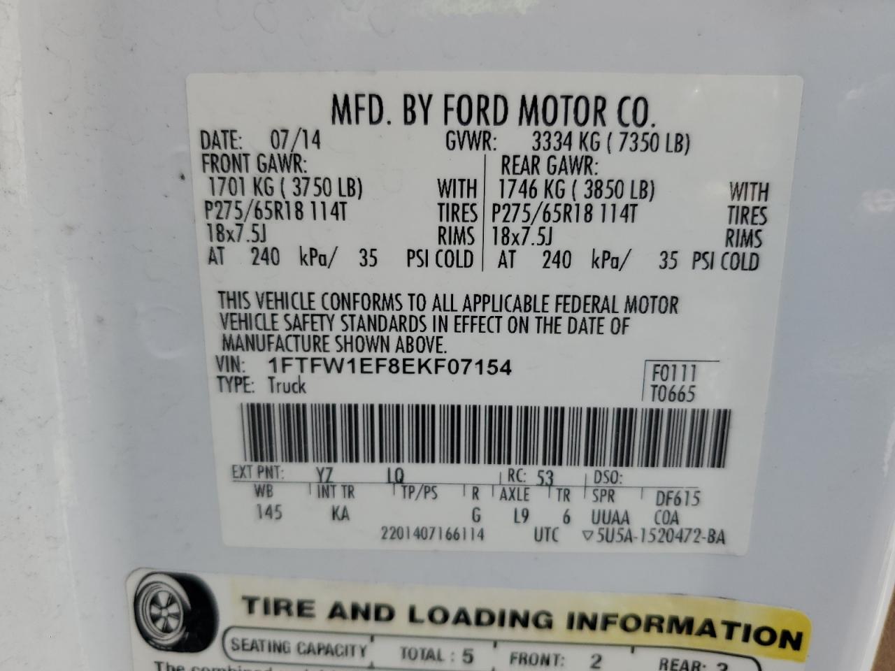 2014 Ford F150 Supercrew VIN: 1FTFW1EF8EKF07154 Lot: 85598255