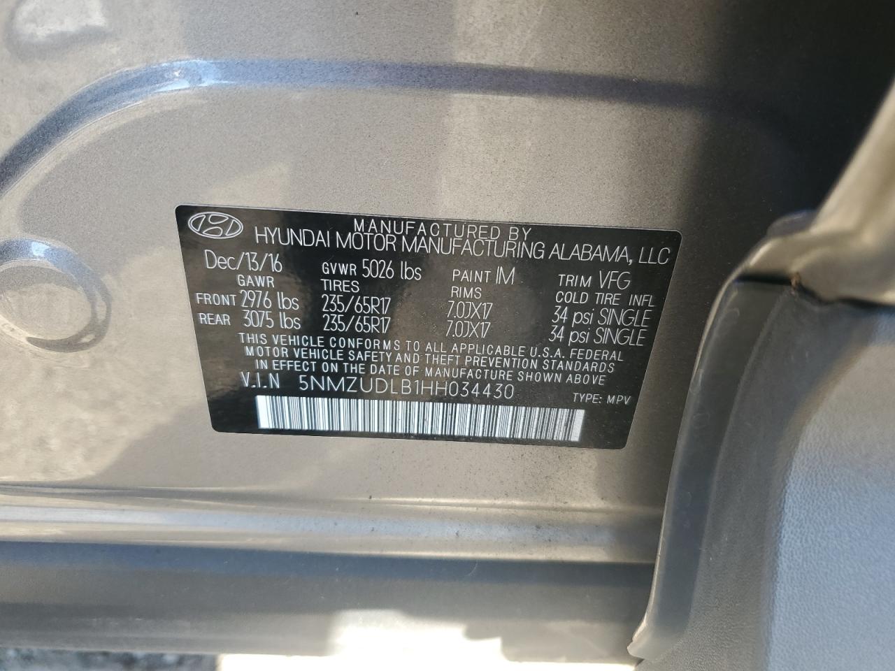 2017 Hyundai Santa Fe Sport VIN: 5NMZUDLB1HH034430 Lot: 84876645