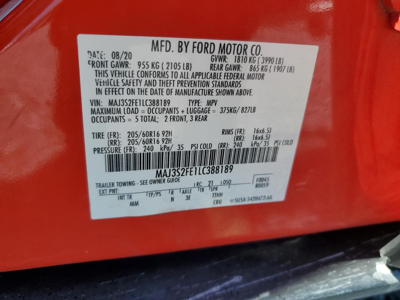 2020 Ford Ecosport S VIN: MAJ3S2FE1LC388189 Lot: 86266925