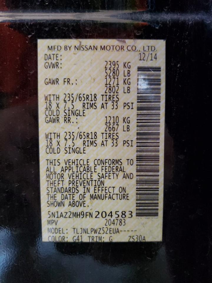 2015 Nissan Murano S VIN: 5N1AZ2MH9FN204583 Lot: 85719335