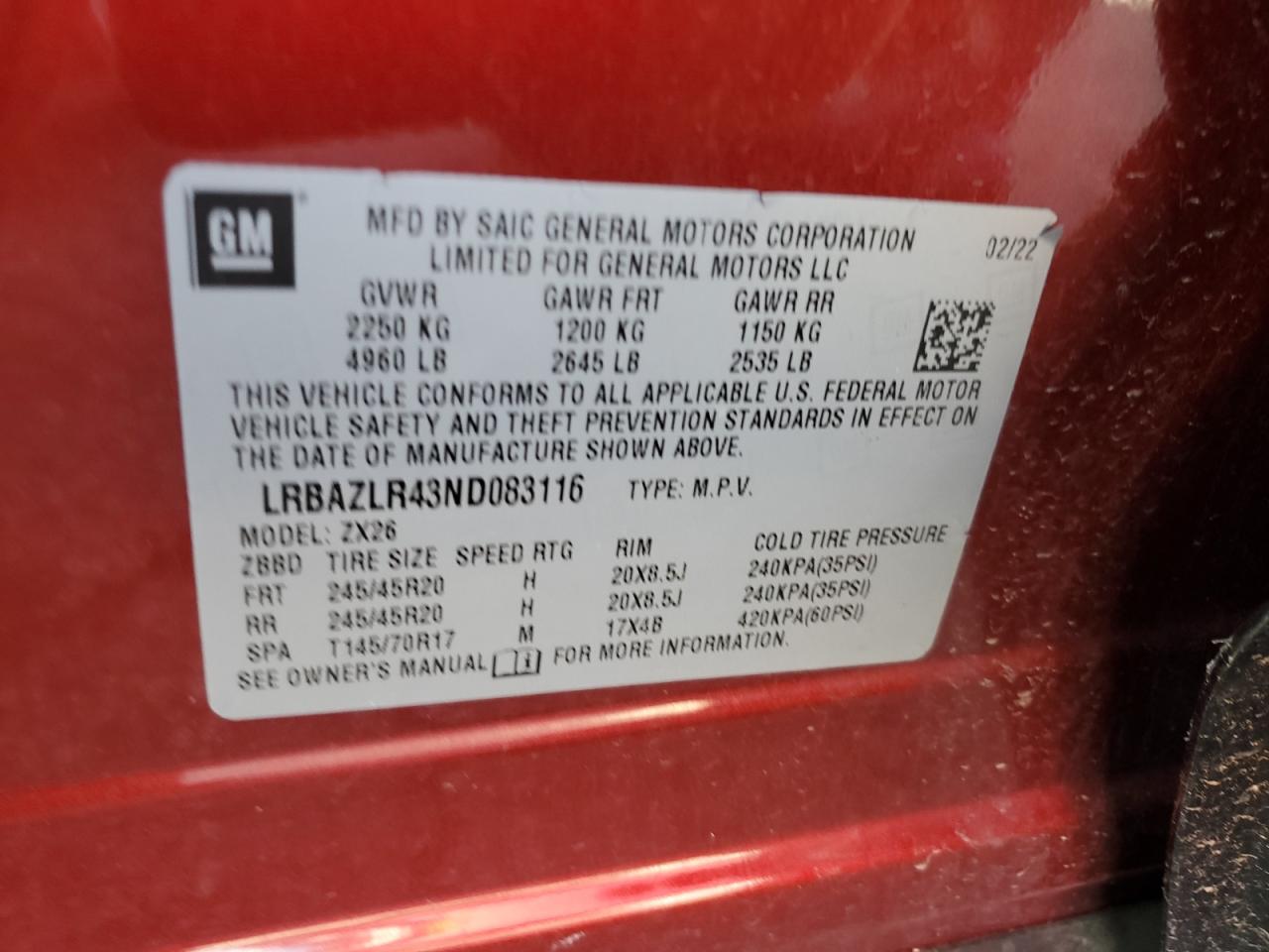 2022 Buick Envision Preferred VIN: LRBAZLR43ND083116 Lot: 82369425