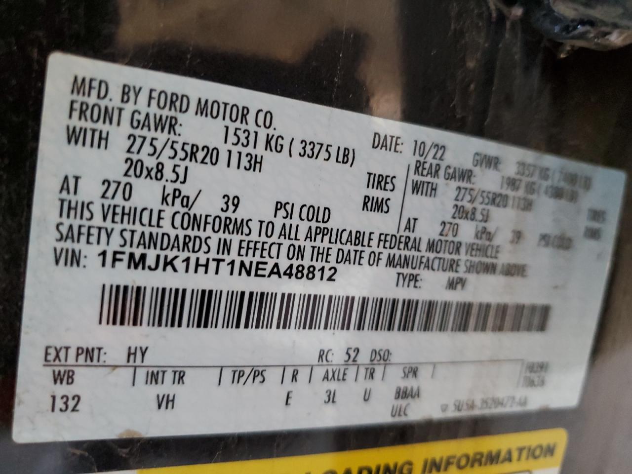 2022 Ford Expedition Max Xlt VIN: 1FMJK1HT1NEA48812 Lot: 85190985