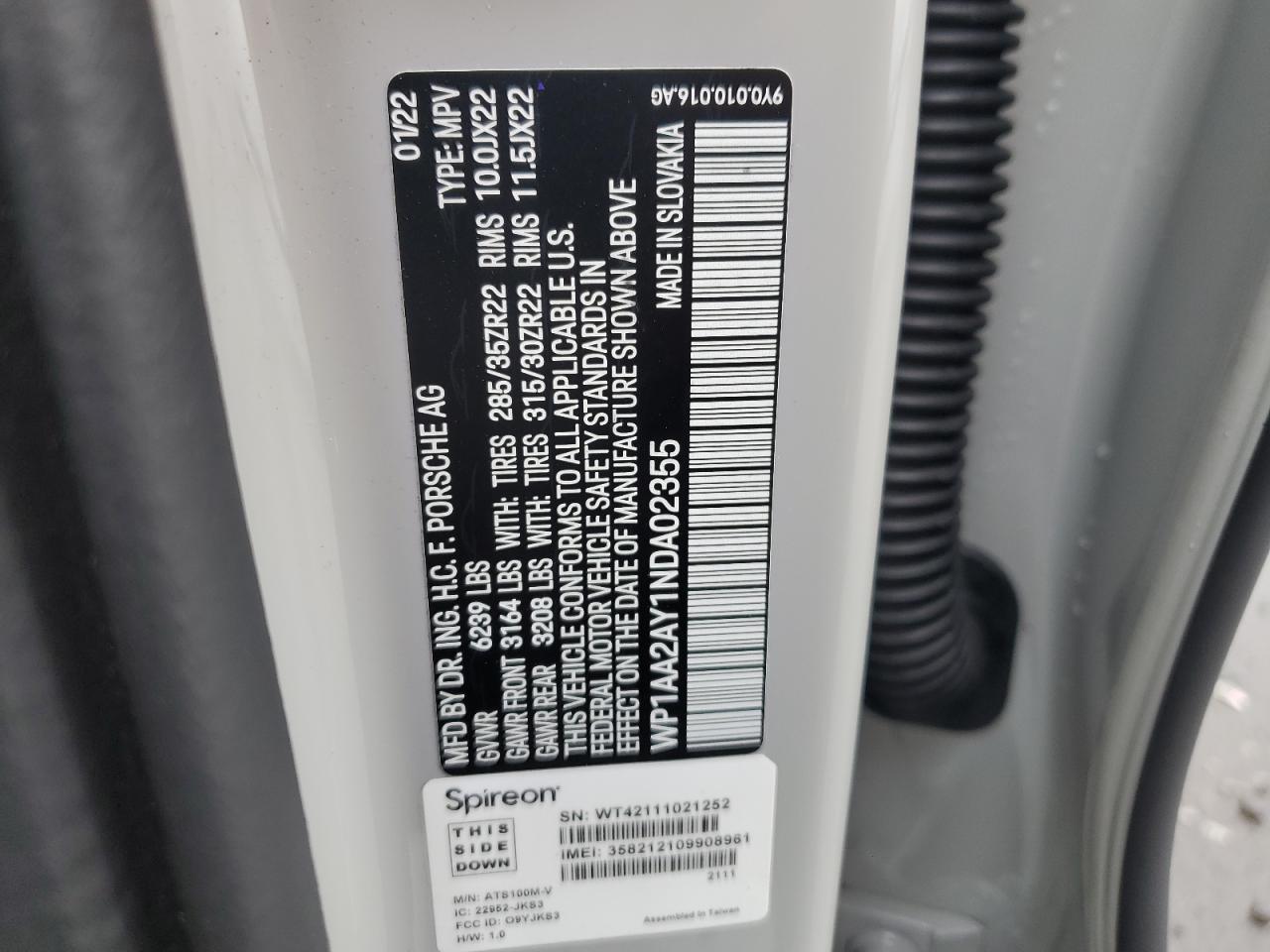 2022 Porsche Cayenne VIN: WP1AA2AY1NDA02355 Lot: 90100845