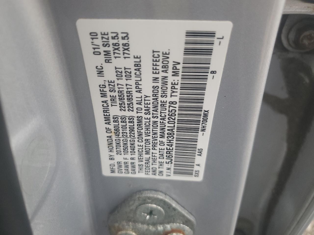 2010 Honda Cr-V Lx VIN: 5J6RE4H38AL026578 Lot: 85486225