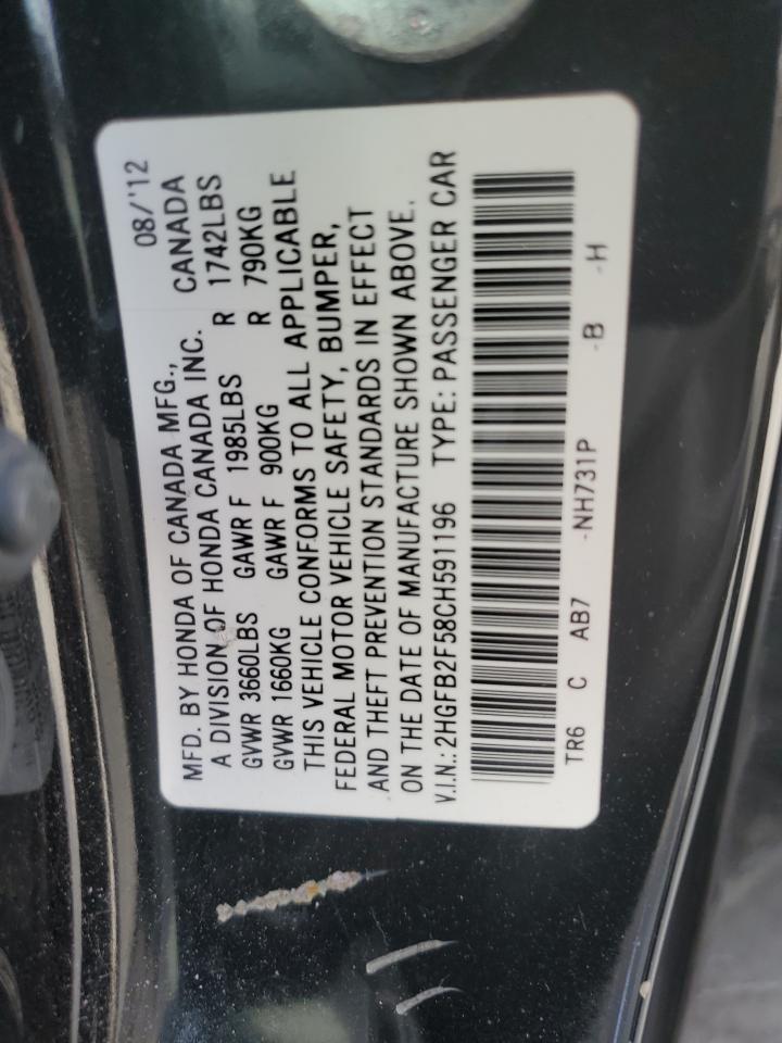 2012 Honda Civic Lx VIN: 2HGFB2F58CH591196 Lot: 85651395