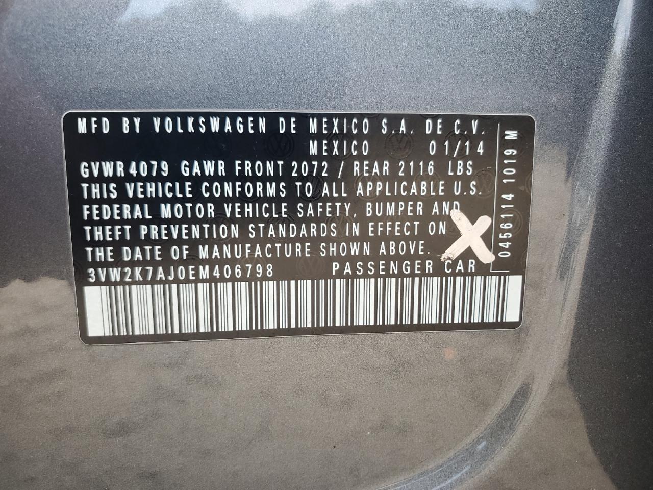 2014 Volkswagen Jetta Base VIN: 3VW2K7AJ0EM406798 Lot: 85576555