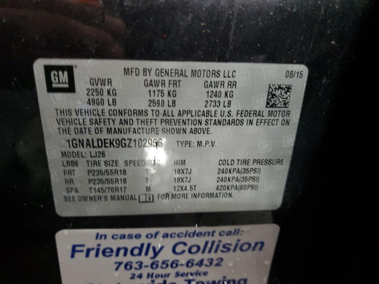 2016 Chevrolet Equinox Ltz VIN: 1GNALDEK9GZ102956 Lot: 85104085